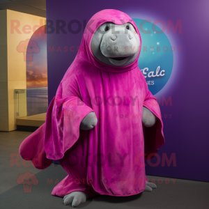Magenta Stellar'S Sea Cow mascot costume character dressed with a Cover-up and Shawls