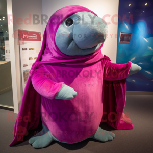 Magenta Stellar'S Sea Cow mascot costume character dressed with a Cover-up and Shawls