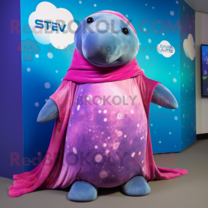 Magenta Stellar'S Sea Cow mascot costume character dressed with a Cover-up and Shawls