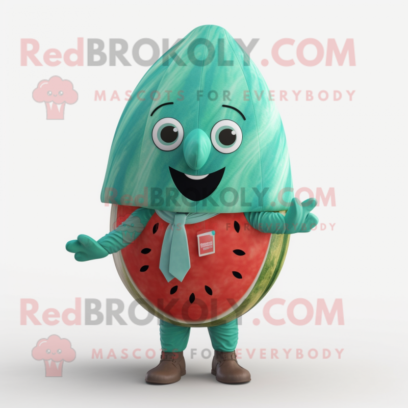 Turquoise Watermelon mascot costume character dressed with a Chinos and Wraps Turquoise Watermelon mascot costume character dressed with a Chinos and Wraps