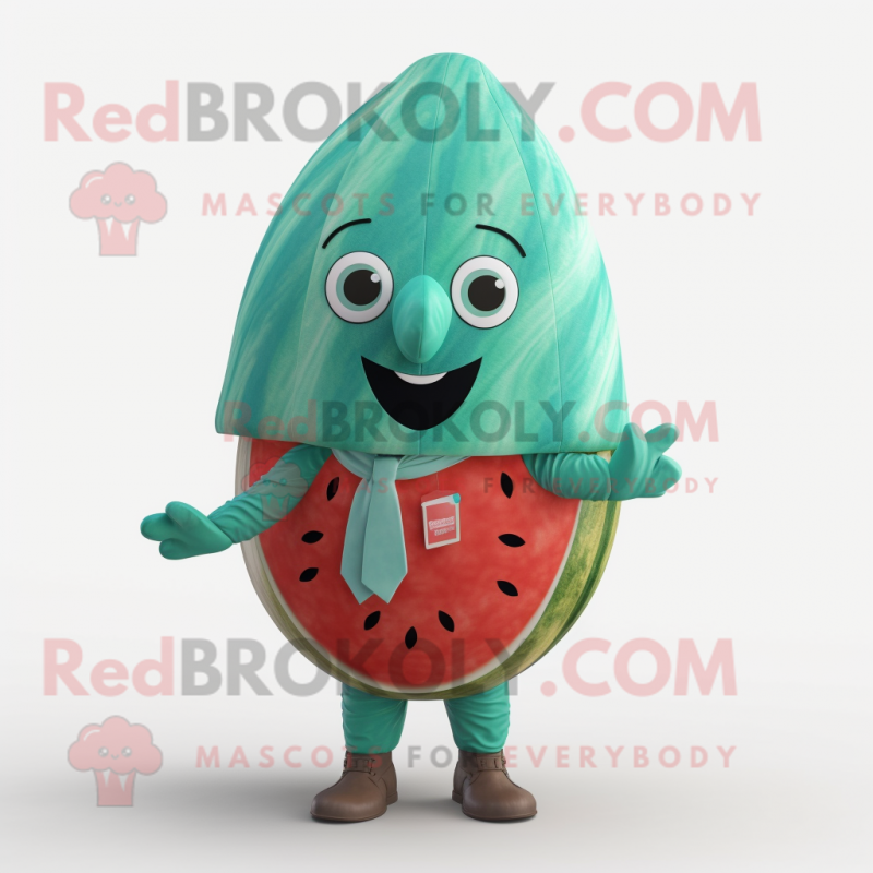 Turquoise Watermelon mascot costume character dressed with a Chinos and Wraps