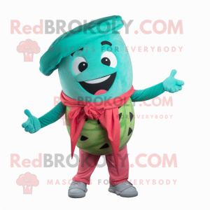 Turquoise Watermelon mascot costume character dressed with a Chinos and Wraps