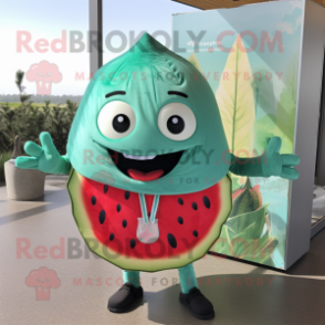 Turquoise Watermelon mascot costume character dressed with a Chinos and Wraps