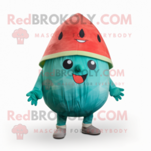 Turquoise Watermelon mascot costume character dressed with a Chinos and Wraps