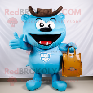 Sky Blue Bbq Ribs mascot costume character dressed with a T-Shirt and Clutch bags