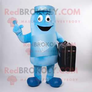 Sky Blue Bbq Ribs mascot costume character dressed with a T-Shirt and Clutch bags