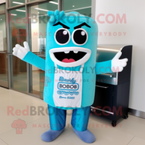 Sky Blue Bbq Ribs mascot costume character dressed with a T-Shirt and Clutch bags