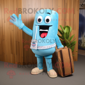 Sky Blue Bbq Ribs mascot costume character dressed with a T-Shirt and Clutch bags