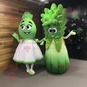 Forest Green Celery mascot costume character dressed with a Wedding Dress and Clutch bags