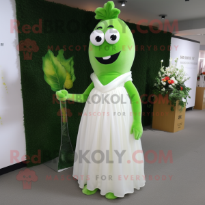 Forest Green Celery mascot costume character dressed with a Wedding Dress and Clutch bags