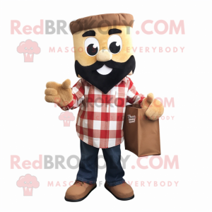Brown Pop Corn mascot costume character dressed with a Flannel Shirt and Messenger bags