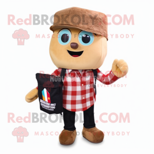 Brown Pop Corn mascot costume character dressed with a Flannel Shirt and Messenger bags
