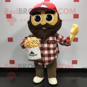 Brown Pop Corn mascot costume character dressed with a Flannel Shirt and Messenger bags