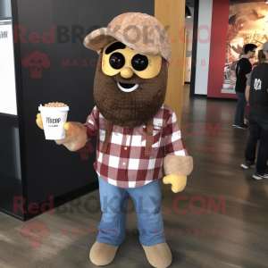 Brown Pop Corn mascot costume character dressed with a Flannel Shirt and Messenger bags