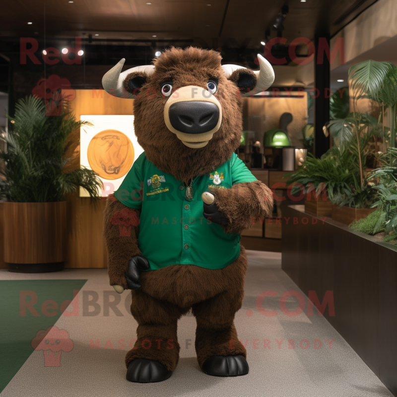 Forest Green Bison mascot costume character dressed with a Polo Shirt and Keychains