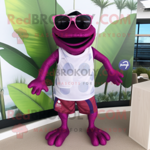 Magenta Frog mascot costume character dressed with a Board Shorts and Reading glasses