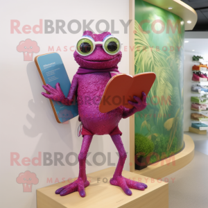 Magenta Frog mascot costume character dressed with a Board Shorts and Reading glasses