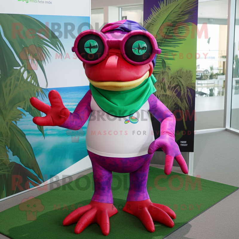 Magenta Frog mascot costume character dressed with a Board Shorts and Reading glasses