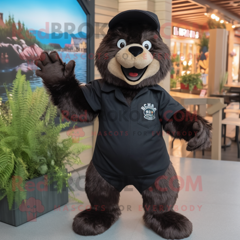 Black Beaver mascot costume character dressed with a Romper and Caps Black Beaver mascot costume character dressed with a Romper and Caps