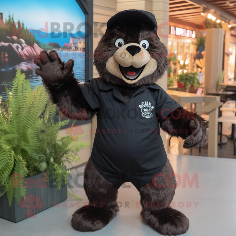 Black Beaver mascot costume character dressed with a Romper and Caps