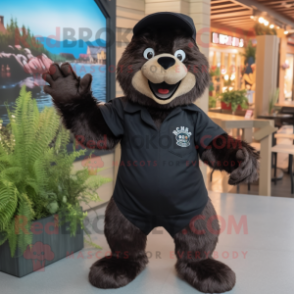Black Beaver mascot costume character dressed with a Romper and Caps