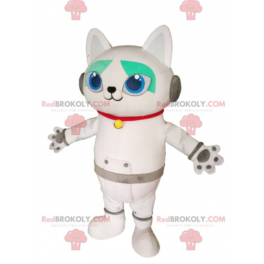 Weißes Katzenmaskottchen mit Kopfhörern. Weißes Katzenkostüm - Weißes Katzenmaskottchen mit Kopfhörern. Weißes Katzenkostüm -