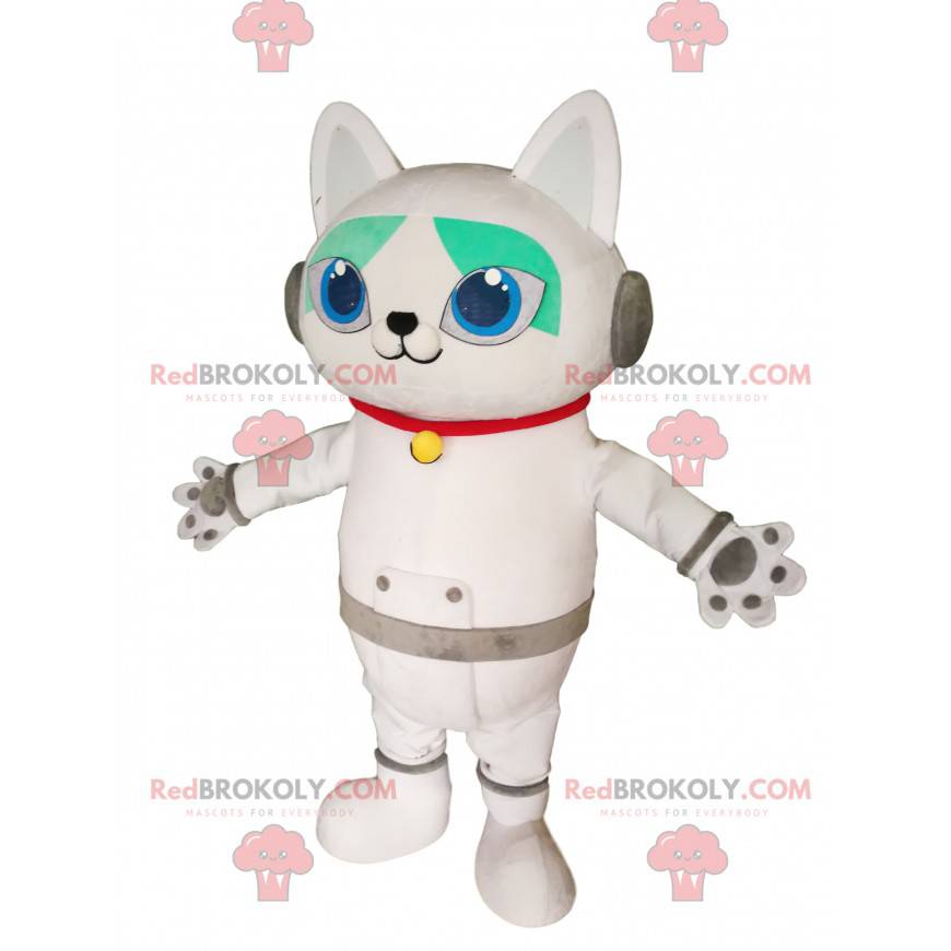 White cat mascot with headphones. White cat costume -