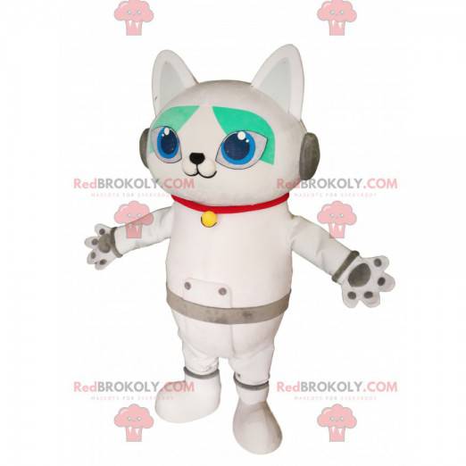 Mascote de gato branco com fones de ouvido. Fantasia de gato