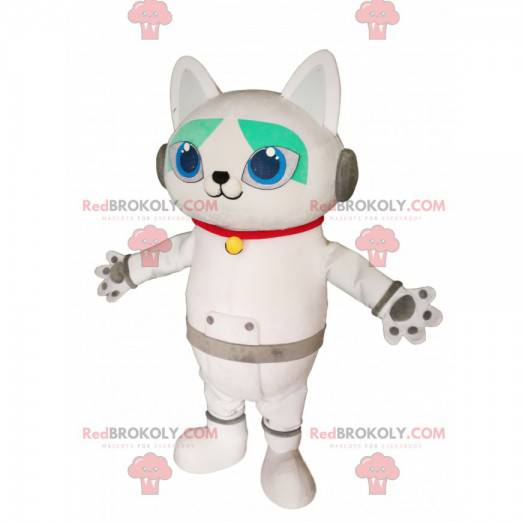 Witte kat mascotte met koptelefoon. Witte kat kostuum -