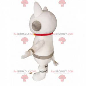 Mascota de gato blanco con auriculares. Disfraz de gato blanco