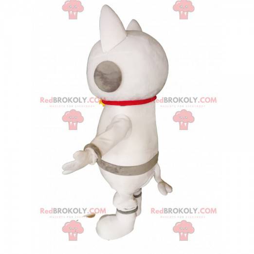 Mascote de gato branco com fones de ouvido. Fantasia de gato