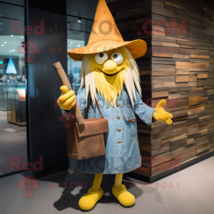 Yellow Witch'S Hat mascot costume character dressed with a Chambray Shirt and Wallets