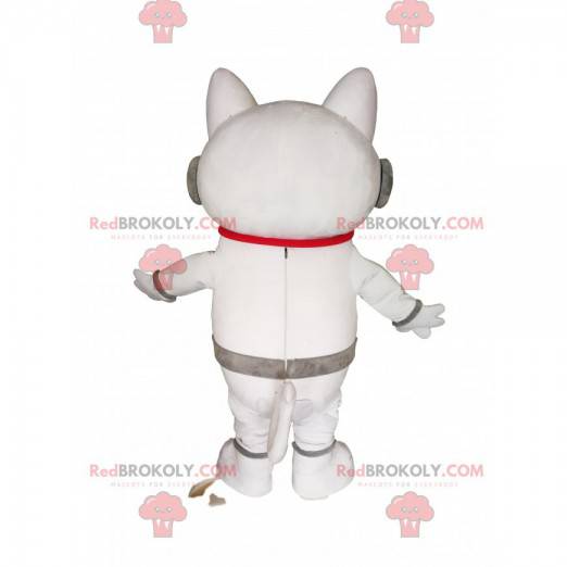 Mascotte de chat blanc avec des écouteurs. Costume de chat