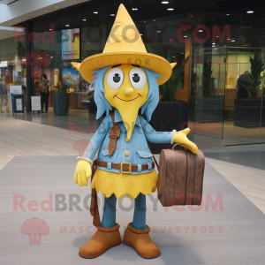 Yellow Witch'S Hat mascot costume character dressed with a Chambray Shirt and Wallets