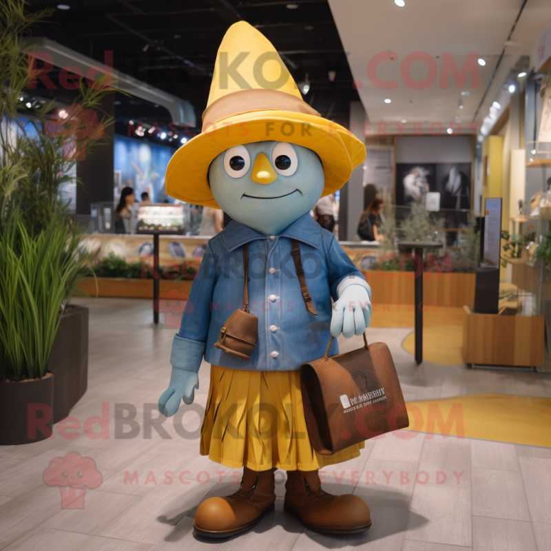 Yellow Witch'S Hat mascot costume character dressed with a Chambray Shirt and Wallets