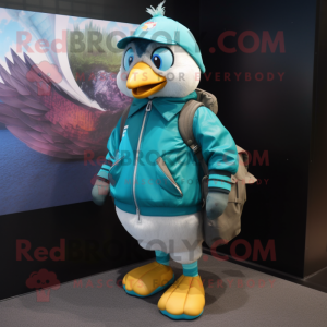 Teal Dove mascot costume character dressed with a Bomber Jacket and Backpacks