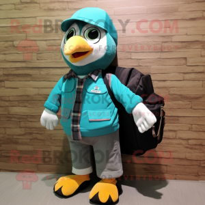 Teal Dove mascot costume character dressed with a Bomber Jacket and Backpacks