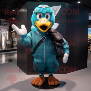 Teal Dove mascot costume character dressed with a Bomber Jacket and Backpacks