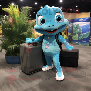 Turquoise Barracuda mascot costume character dressed with a Jumpsuit and Tote bags
