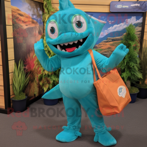 Turquoise Barracuda mascot costume character dressed with a Jumpsuit and Tote bags