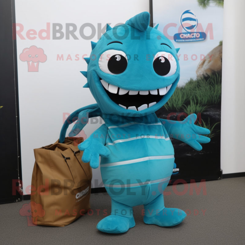 Turquoise Barracuda mascot costume character dressed with a Jumpsuit and Tote bags