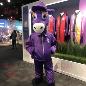 Purple Horse mascot costume character dressed with a Windbreaker and Tie pins