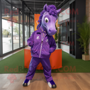 Purple Horse mascot costume character dressed with a Windbreaker and Tie pins