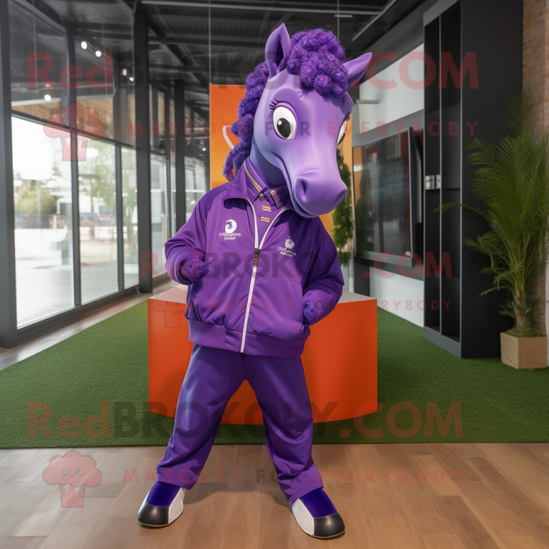 Purple Horse mascot costume character dressed with a Windbreaker and Tie pins