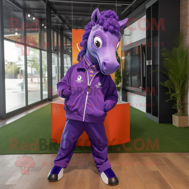 Purple Horse mascot costume character dressed with a Windbreaker and Tie pins Purple Horse mascot costume character dressed with a Windbreaker and Tie pins