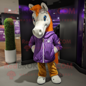 Purple Horse mascot costume character dressed with a Windbreaker and Tie pins