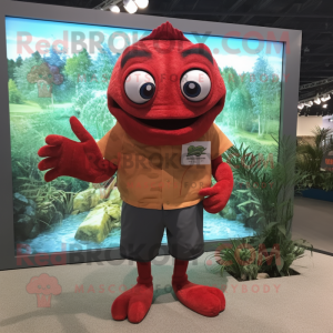 Red Piranha mascot costume character dressed with a Henley Tee and Reading glasses