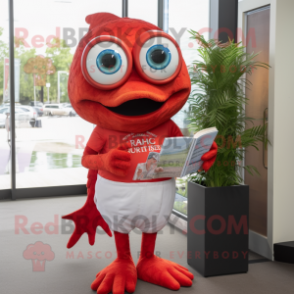 Red Piranha mascot costume character dressed with a Henley Tee and Reading glasses