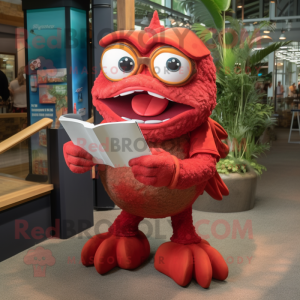 Red Piranha mascot costume character dressed with a Henley Tee and Reading glasses