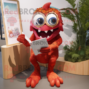 Red Piranha mascot costume character dressed with a Henley Tee and Reading glasses